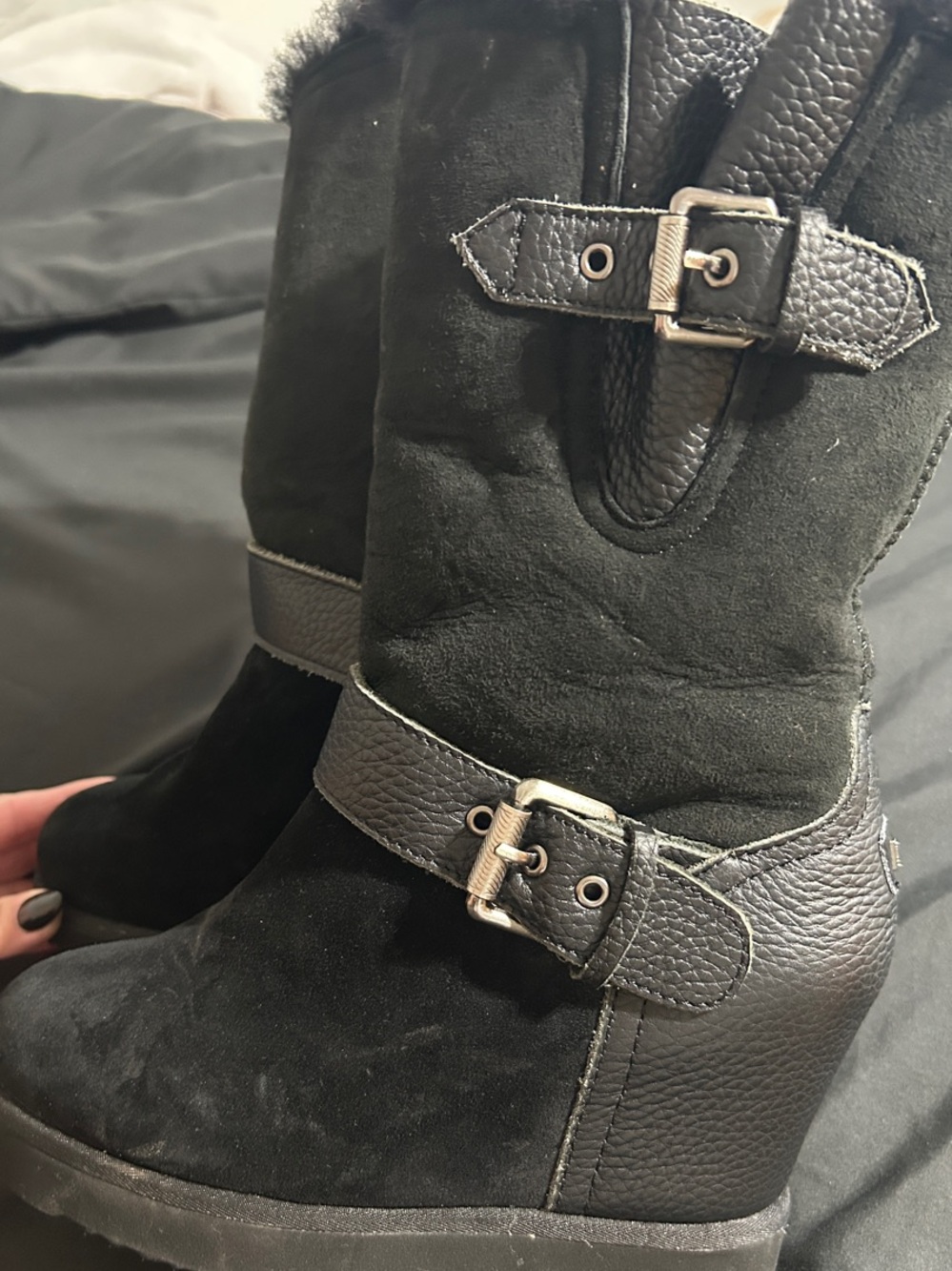 Luxe Black Suede Wedge Booties with Buckle Straps